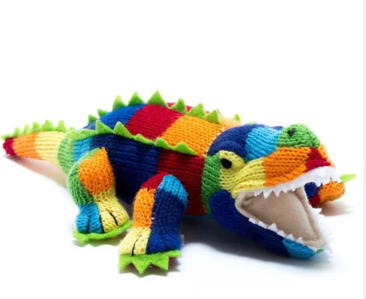 Large Knitted Bright Rainbow Stripe Crocodile Soft Toy Best Years