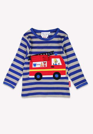 Organic Blue Fire Engine Applique Long-Sleeved T-Shirt Toby Tiger